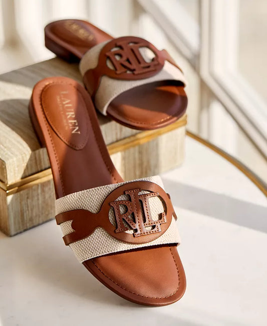 Lauren Ralph Lauren Alegra Slide Sandals Natural, Deep Saddle Tan 7M