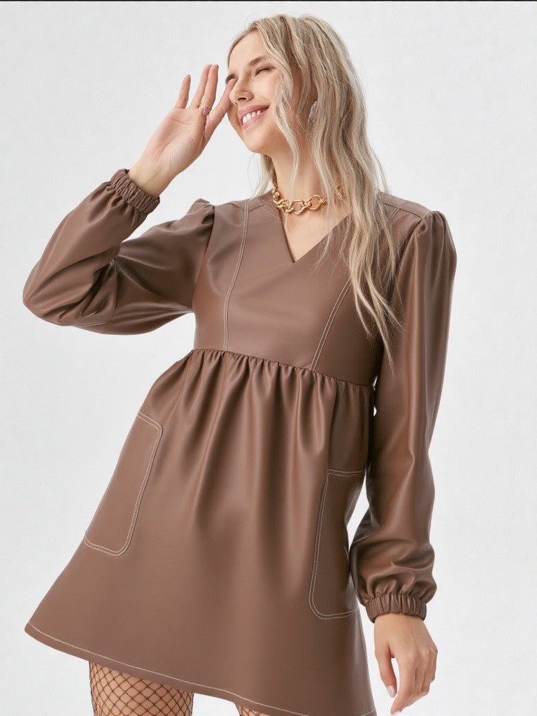 Faux Leather Babydoll Mini Dress