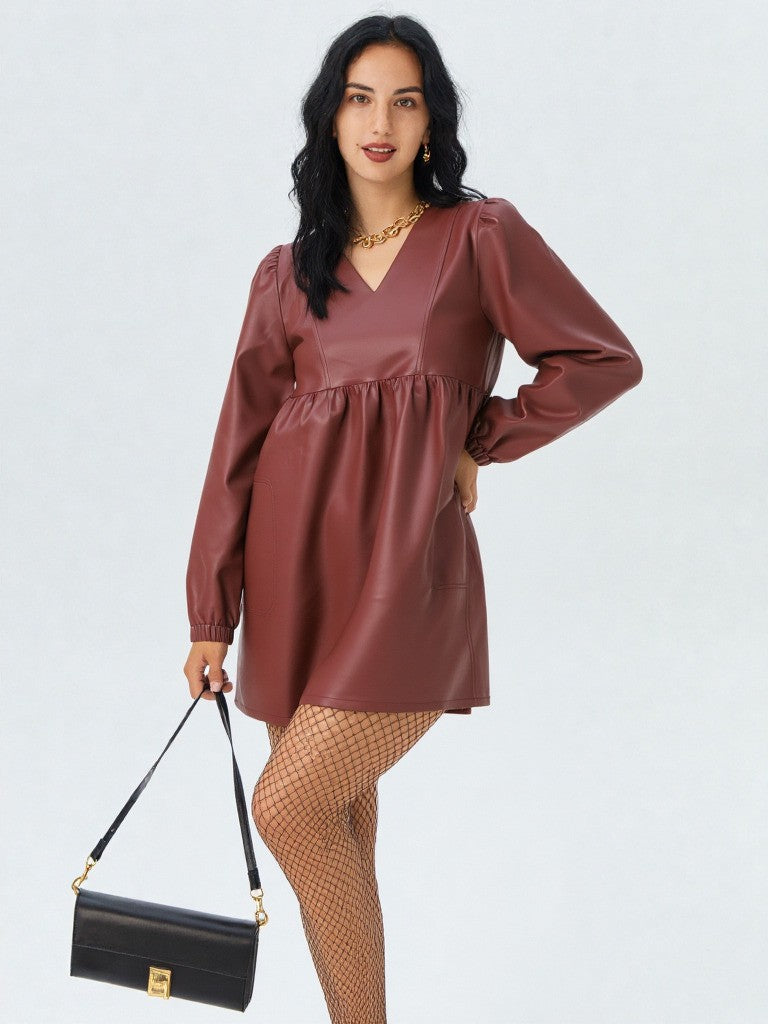 Faux Leather Babydoll Mini Dress